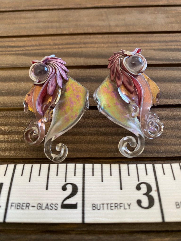 Vintage Iridescent Art Glass & Pink Accent Pierced Earrings